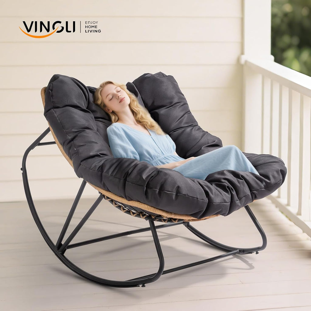 VINGLI Papasan Rocking Chair Outdoor, Patio Rocking Chair with Cushion, Comfortable Lounge Chair Weatherproof for Garden, Yard, Outdoor/Indoor, Grey