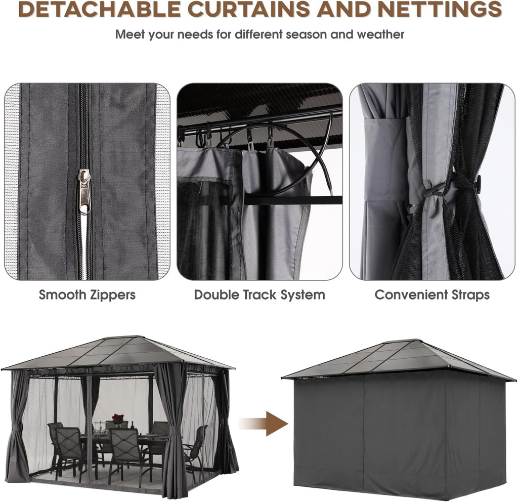10x12 Hardtop Patio Gazebo with Curtains and Netting by ABCCANOPY