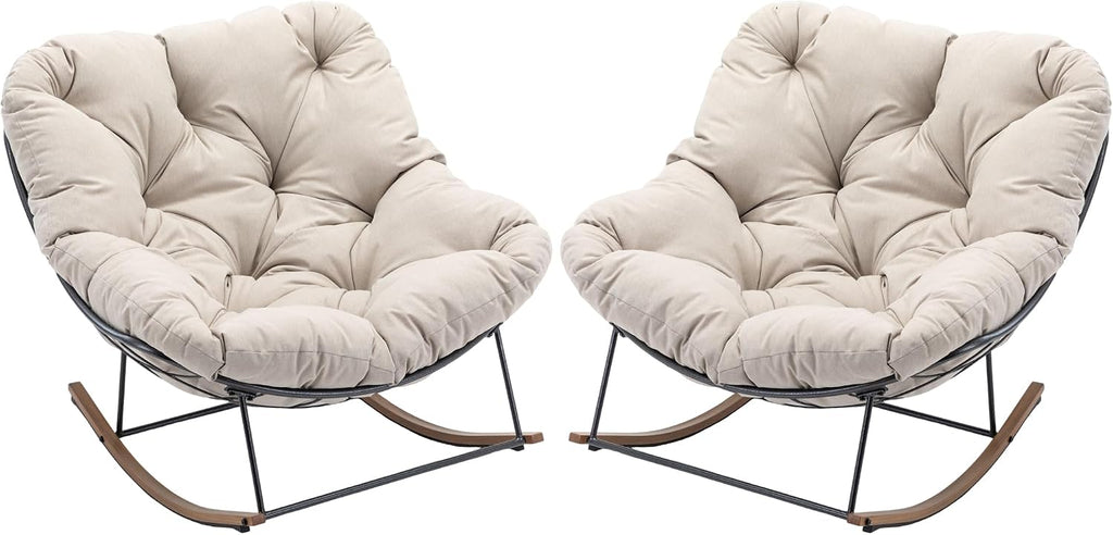 Outdoor Rocking Chairs Set of 2,Oversized Papasan Chair with Cushion and Frame, Comfy Modern Rocker Egg Chair for Living Room, Garden Backyard(Beige,2PC)