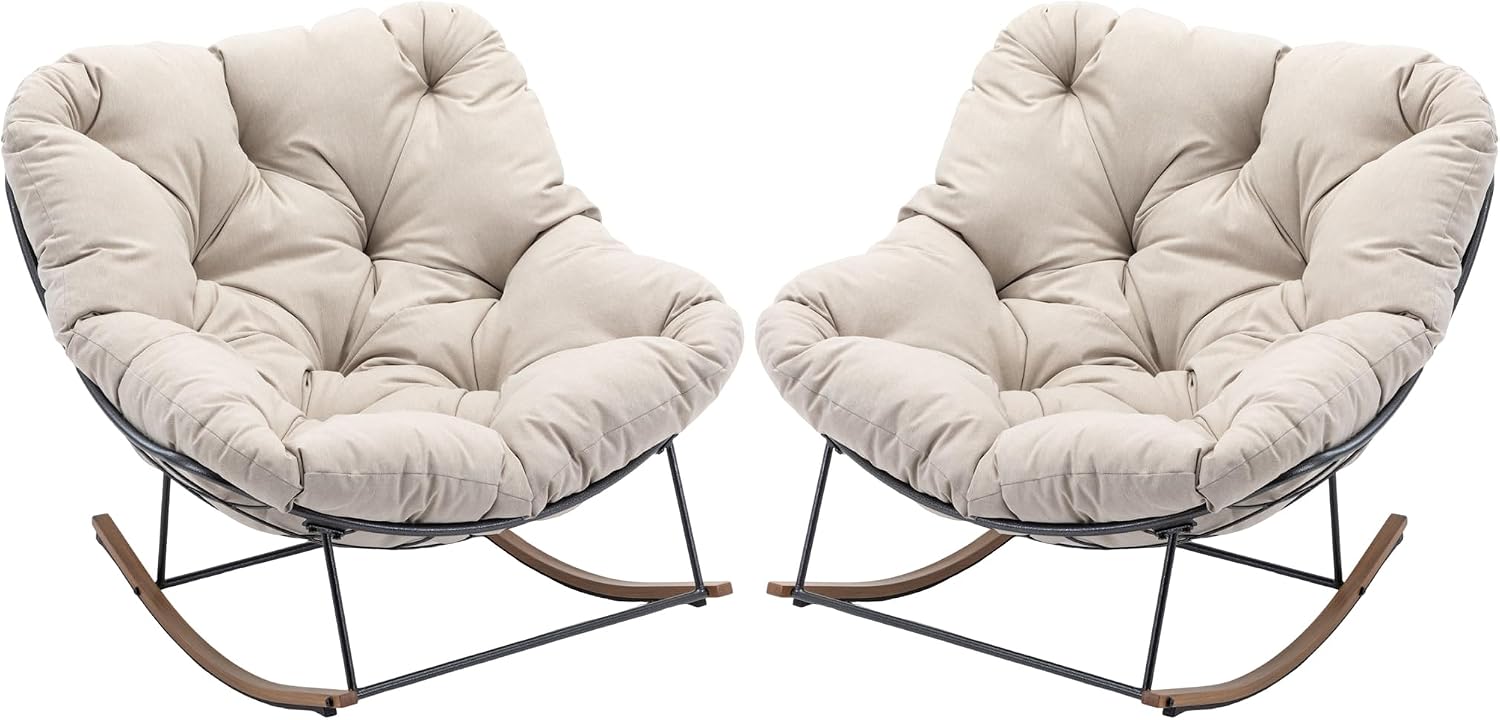 Outdoor Rocking Chairs Set of 2,Oversized Papasan Chair with Cushion and Frame, Comfy Modern Rocker Egg Chair for Living Room, Garden Backyard(Beige,2PC)