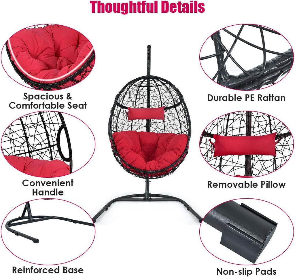 Giantex Hanging Egg Chair, Swing Chair with C-Hammock Stand Set, Hammock Chair with Soft Seat Cushion & Pillow, Multifunctional Hanging Chairs for Outdoor Indoor Bedroom (Red)
