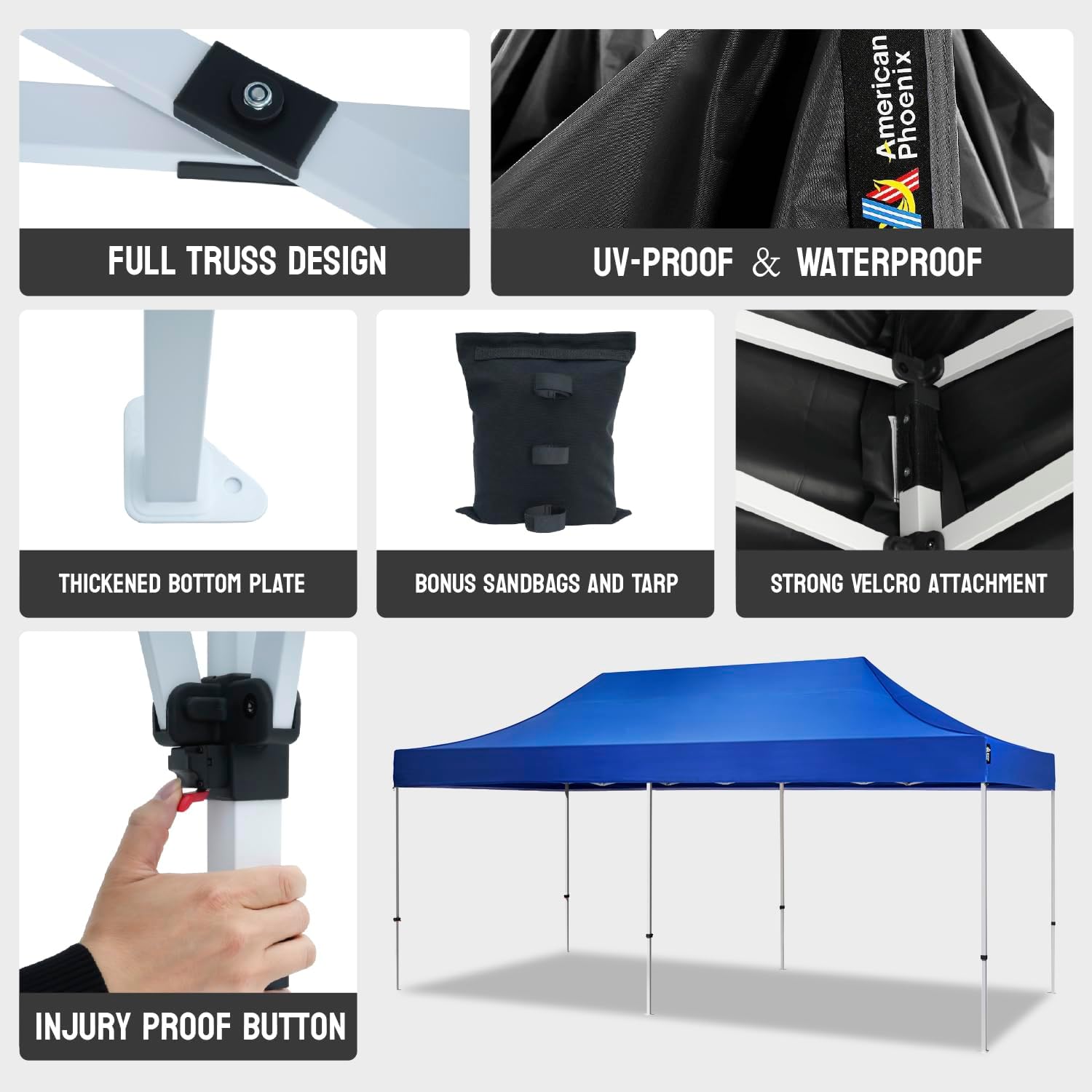 AMERICAN PHOENIX 10x20 Pop Up Canopy Tent Heavy Duty Commercial Shelter for Party, Outdoor Events and Patio Portable Instant Market Gazebo with Roller Bag, Camping Tarp, 4 Ropes and 4 Stakes (White)