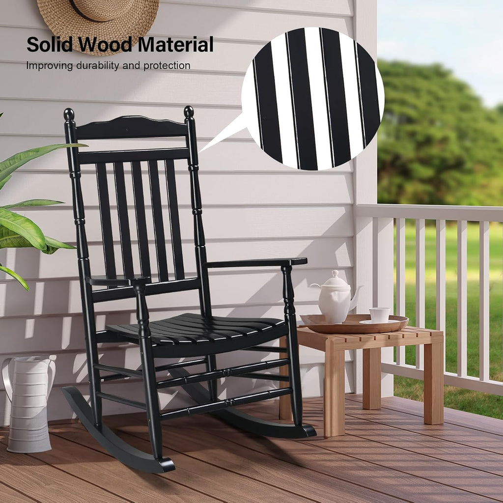 VINGLI Wooden Rocking Chair Outdoor Set of 2, Patio Rockers with High Back, Support 450 LBS Rocking Chairs, for Porch, Patio, Balcony, Garden, Yard (Black, 2 PCS)