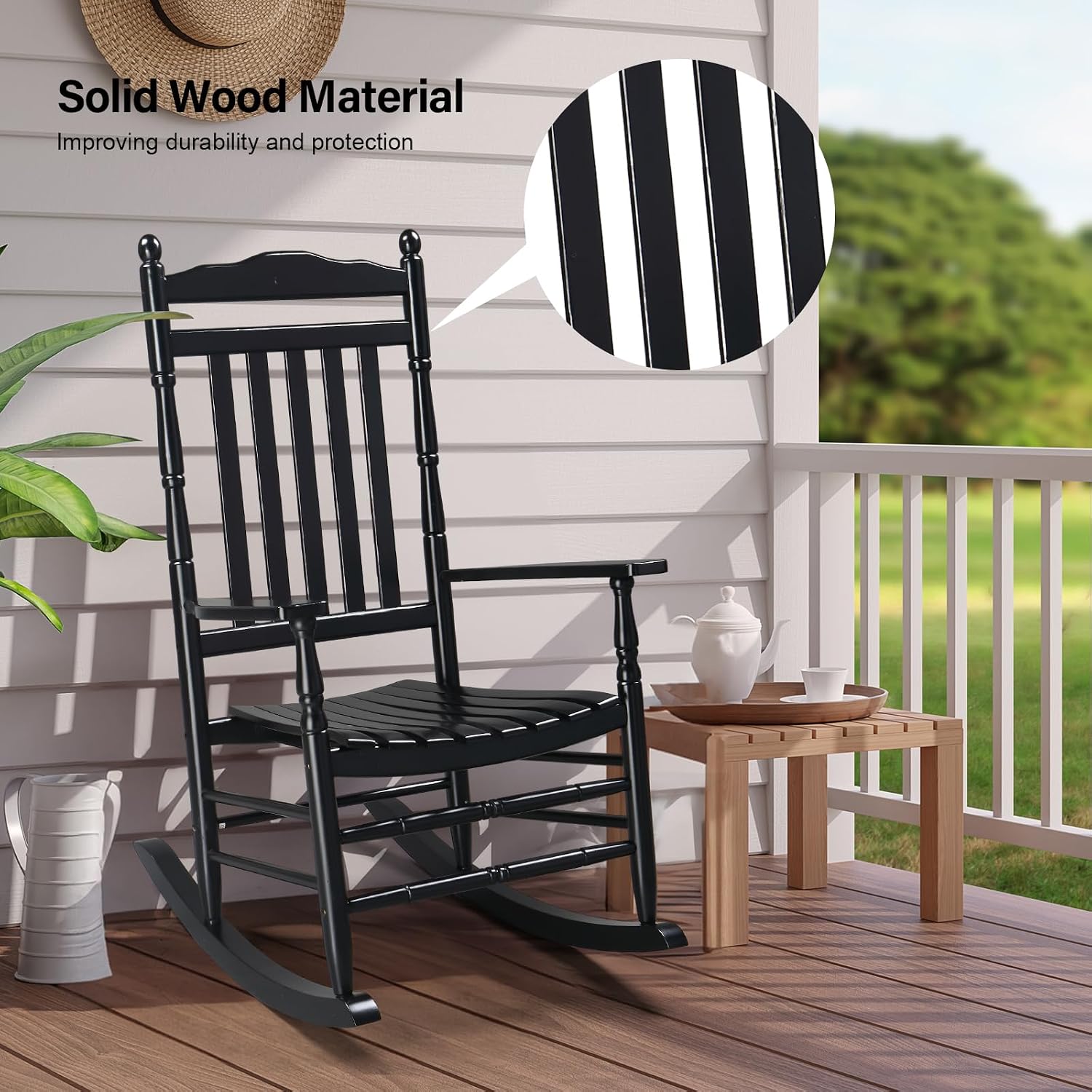 VINGLI Wooden Rocking Chair Outdoor Set of 2, Patio Rockers with High Back, Support 450 LBS Rocking Chairs, for Porch, Patio, Balcony, Garden, Yard (Black, 2 PCS)
