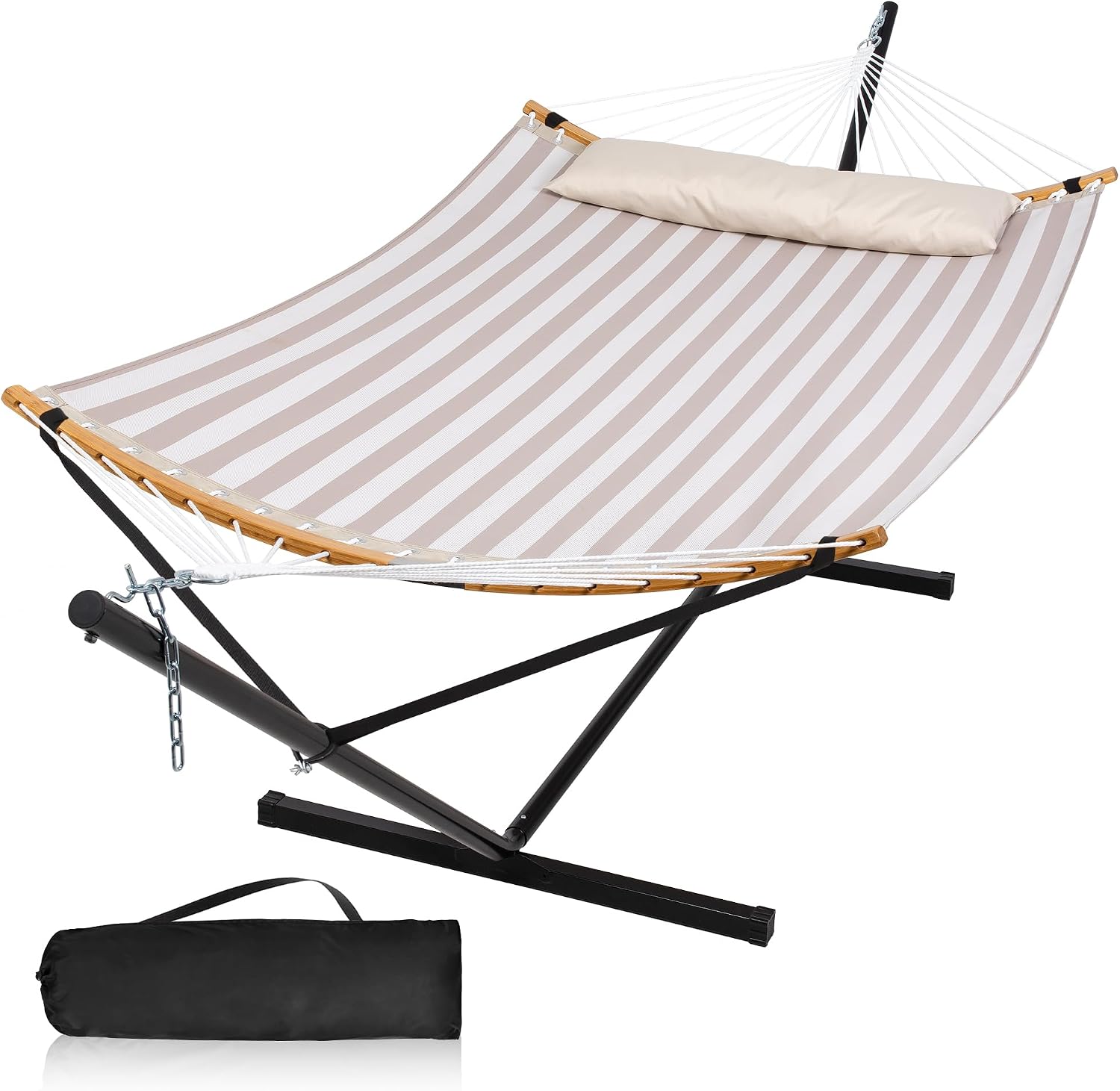 Double Hammock with Stand for Outside, Quick Dry Hammock with Curved Spreader Bars, Pillow and Carrying Bag, 450 Lbs Capacity, Light Brown Stripe