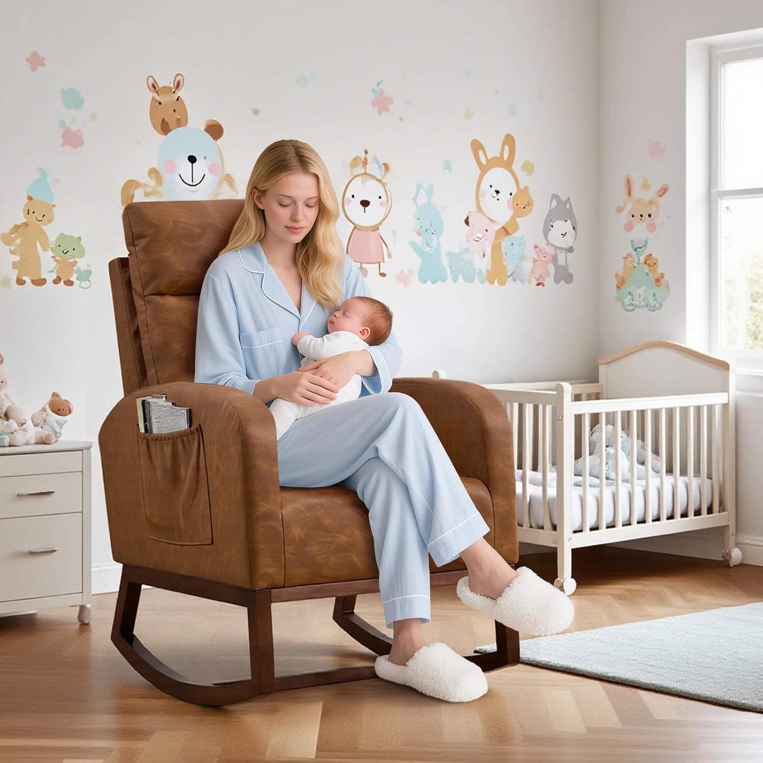 Glider Chair, Modern Rocking Chair, Nursery Faux Leather Glider Chair with Rubber Wood Legs and Side Pocket, Rocking Accent Armchair for Living Room