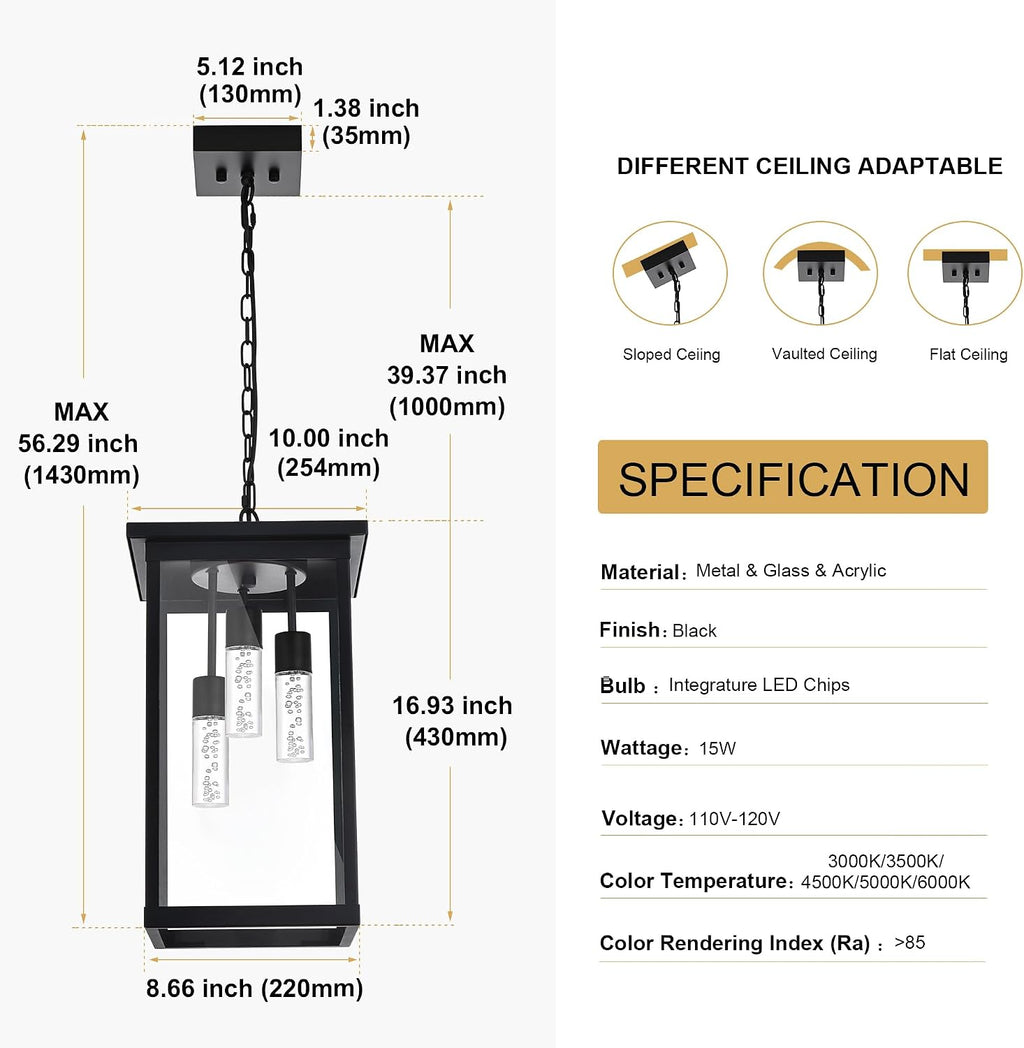 TODOLUZ 5CCT LED Large Outdoor Pendant Light Fixtures, LED Integrated Bulbs Included 3-Light Black Outdoor Hanging Lantern Light, Exterior Pendant Ceiling Lighting for Porch Yard Gazebo