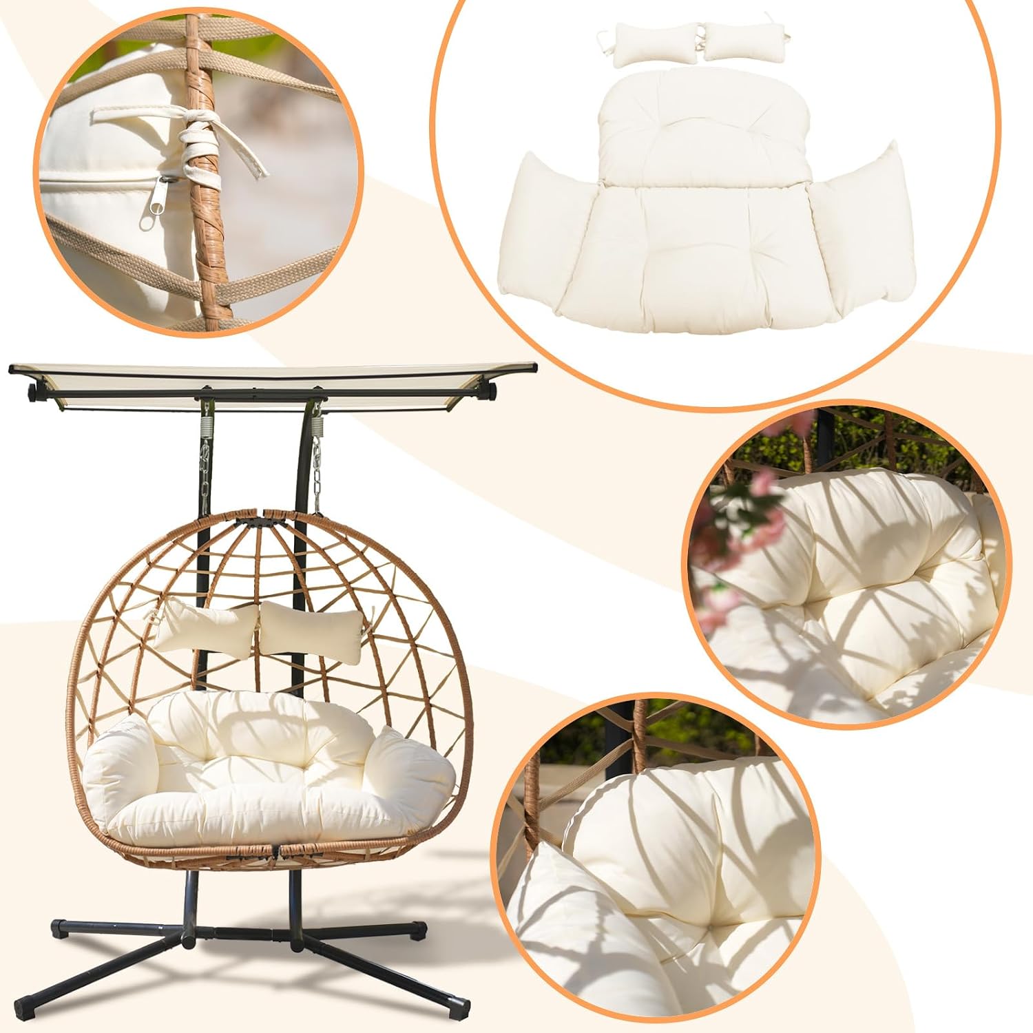 Double Egg Swing Chair with Stand and Canopy Indoor Outdoor, All-Weather Pe Rattan and Sturdy Powder-Coated Steel Frame, Splash-Proof Fabric & Thickened Uv Resistant Cushion, 600lbs Capacity (YB)