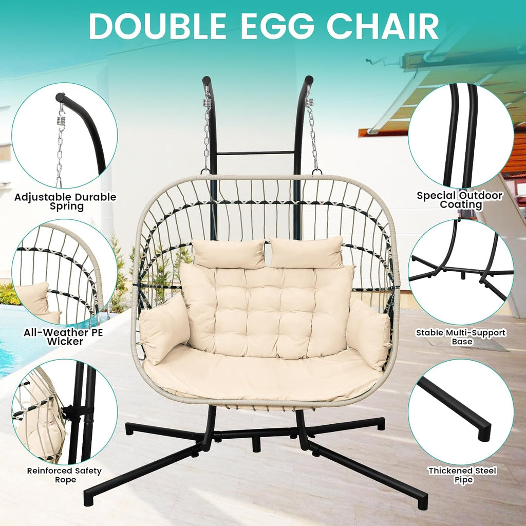 Double Egg Swing Chair with Stand Patio Rattan Wicker Hammock Chairs Outdoor Indoor Egg Swing Chair with Cushion Headrest 550 Lbs Capacity for Bedroom Balcony Garden Porch Backyard, Beige