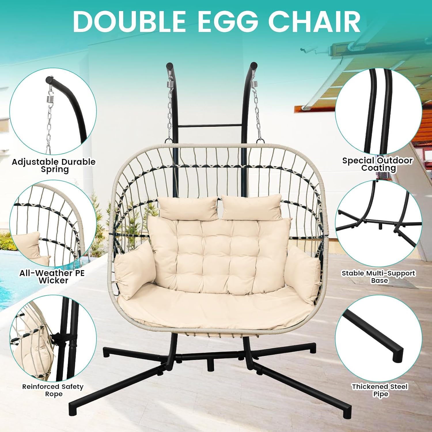Double Egg Swing Chair with Stand Patio Rattan Wicker Hammock Chairs Outdoor Indoor Egg Swing Chair with Cushion Headrest 550 Lbs Capacity for Bedroom Balcony Garden Porch Backyard, Beige