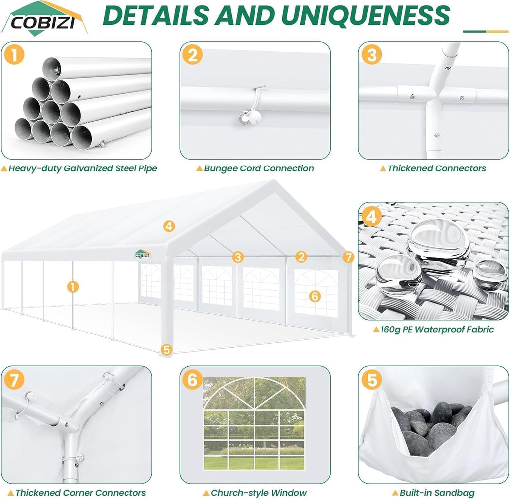 COBIZI 16x32 Heavy Duty Party Tent Outdoor Waterproof Canopy with 14 Church Windows & 10 Sidewalls, Built-in Sandbag, White Powder Coating Commercial Event Shelter Tents for Parties Wedding BBQ Patio