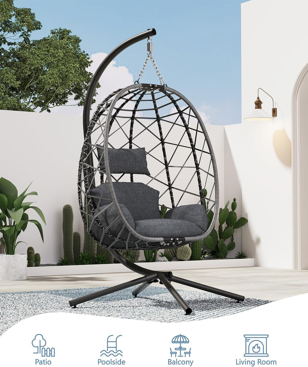 SWITTE Hanging Egg Chair with Stand, Outdoor Indoor Rattan Wicker Egg Swing Chair with Cushion, Heavy Duty Patio Hammock Chairs for Garden Backyard Balcony Bedroom, 400LBS Capacity, Dark Grey