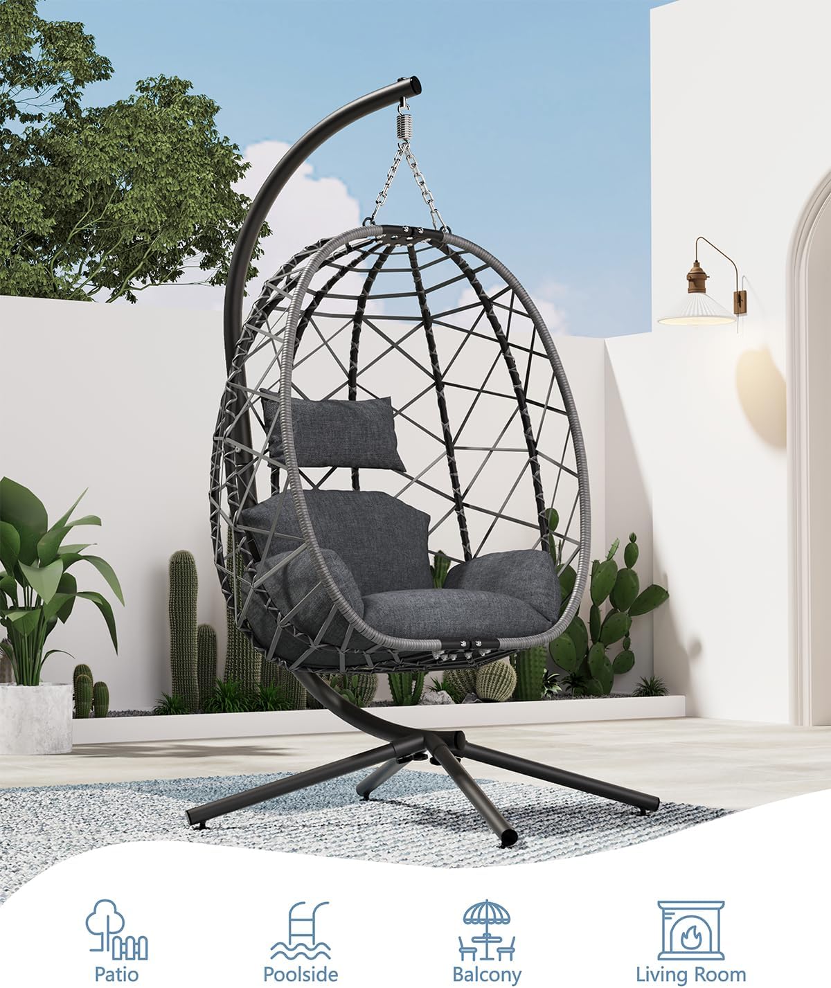 SWITTE Hanging Egg Chair with Stand, Outdoor Indoor Rattan Wicker Egg Swing Chair with Cushion, Heavy Duty Patio Hammock Chairs for Garden Backyard Balcony Bedroom, 400LBS Capacity, Dark Grey
