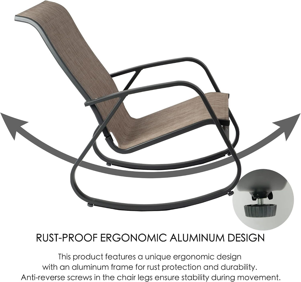 Kozyard 3-Piece Outdoor Rocking Chair Set, Patio Bistro Set 2 Sling Rockers with Side Table, Powder-Coated Aluminum Frame, Breathable Textilene Fabric for Porch, Garden, Balcony Beige