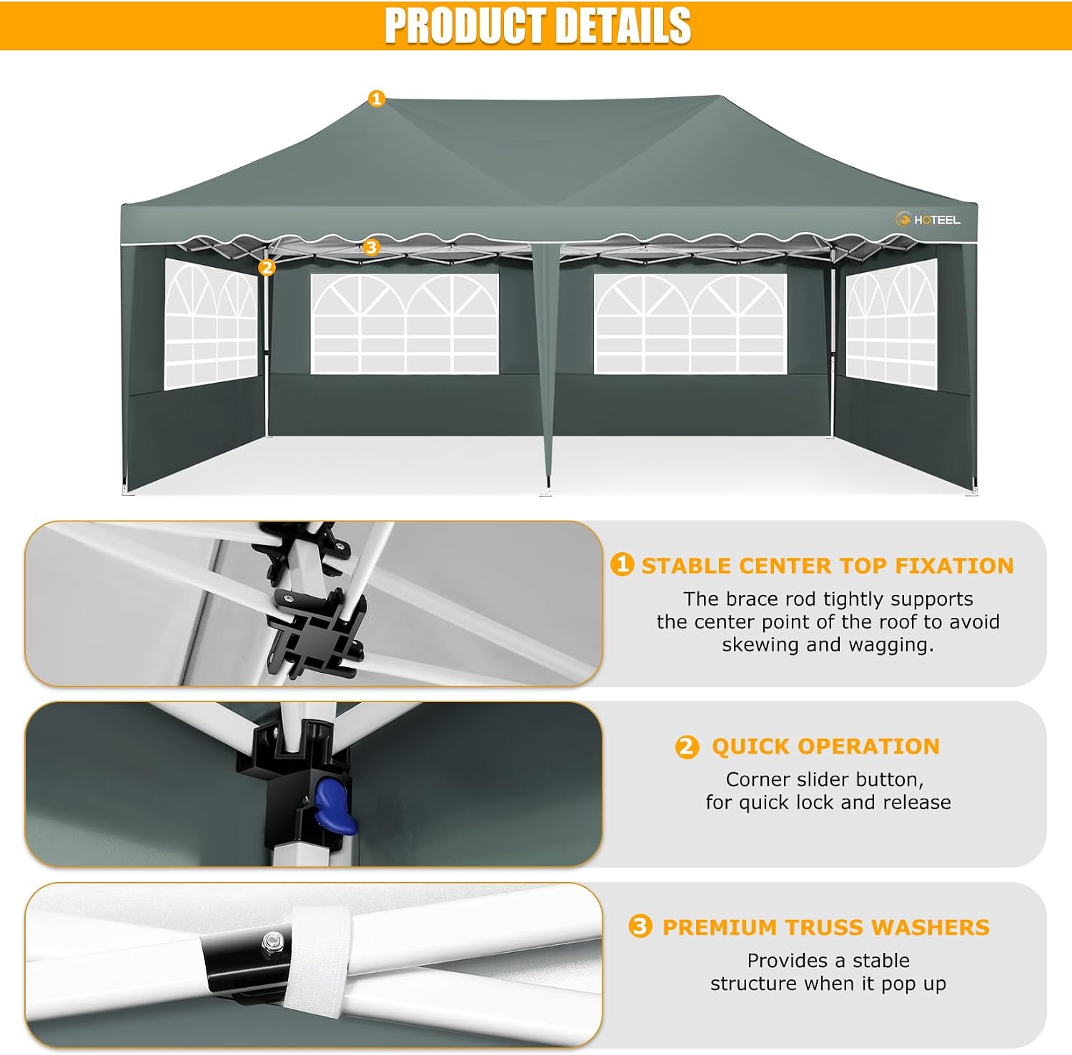 HOTEEL 10x20 Pop Up Canopy Tent with 6 Sidewalls, Waterproof UV50+ Outdoor Shelter for Parties and Events, Easy Setup with Wheeled Bag & 4 Weight Bags, Gray