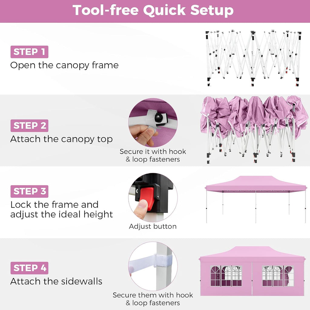 HAPPYGRILL 10x20 Pop Up Canopy Tent with Detachable Sidewalls, Waterproof UPF 50+ Outdoor Instant Gazebo Shelter with Carry Bag for Party Wedding Patio Garden, Pink
