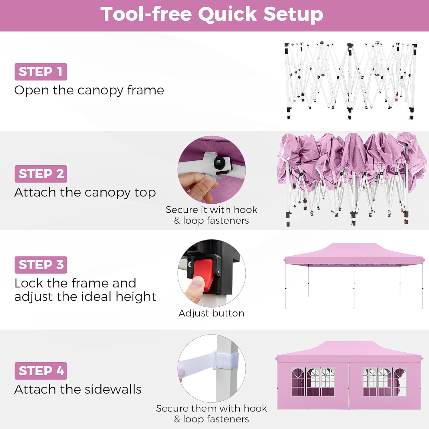 HAPPYGRILL 10x20 Pop Up Canopy Tent with Detachable Sidewalls, Waterproof UPF 50+ Outdoor Instant Gazebo Shelter with Carry Bag for Party Wedding Patio Garden, Pink