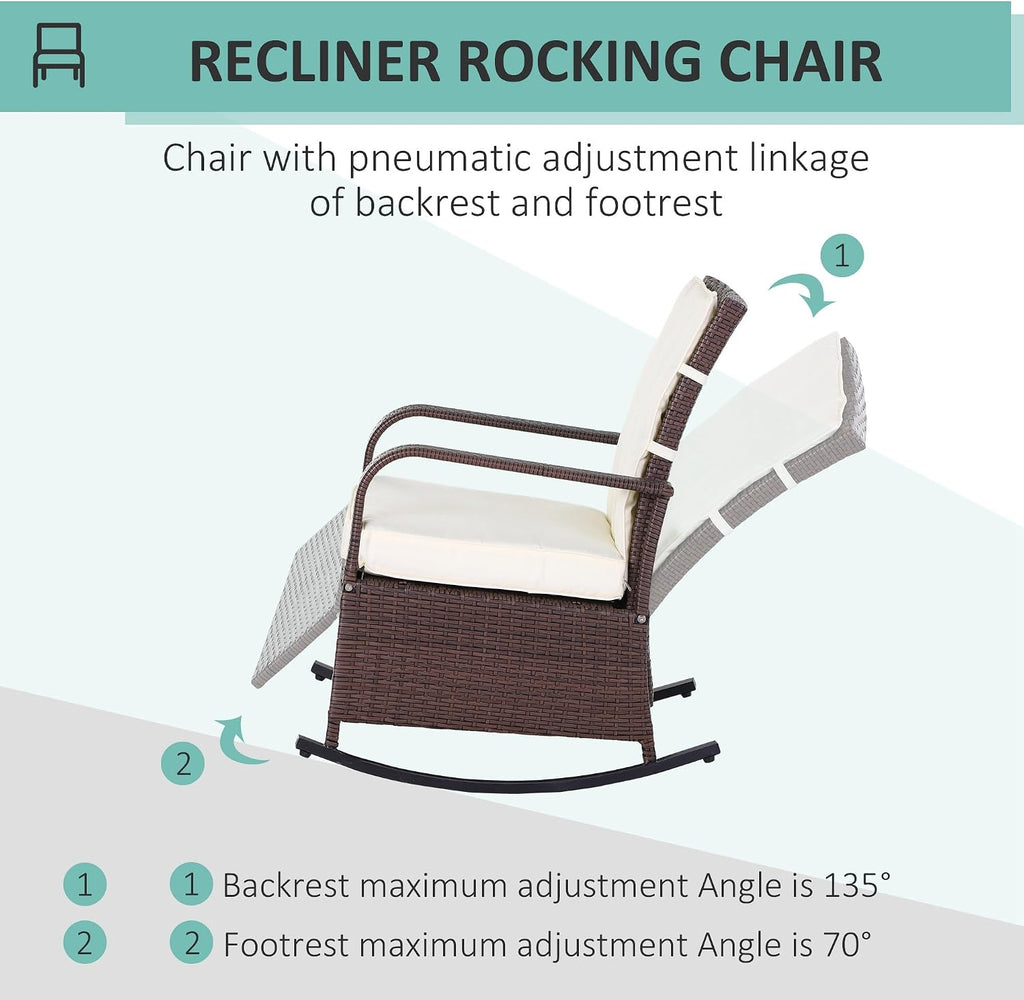 Outsunny Wicker Outdoor Rocking Chair, Patio Recliner with Adjustment Backrest, PE Rattan Lounge Chair with Adjustable Footrest and Cushions for Garden, Backyard, Porch, Beige