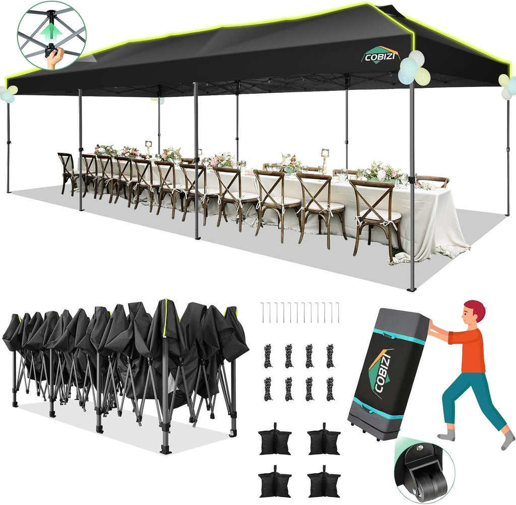 COBIZI 10x30 Pop Up Canopy Tent Without Removable Sidewalls, One Push Party Tent Outdoor Waterproof Event Canopy with Air Vent for Parties Commercial Wedding, 3 Height, Wheeled Bag, Sandbag, Black
