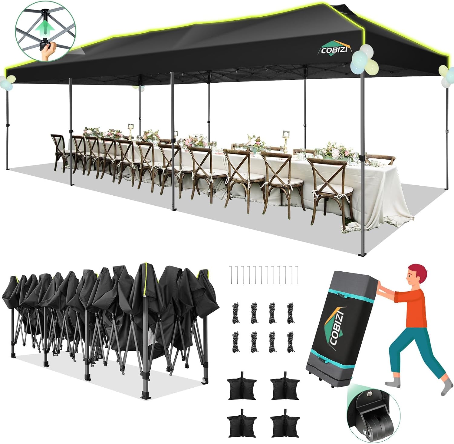 COBIZI 10x30 Pop Up Canopy Tent Without Removable Sidewalls, One Push Party Tent Outdoor Waterproof Event Canopy with Air Vent for Parties Commercial Wedding, 3 Height, Wheeled Bag, Sandbag, Black