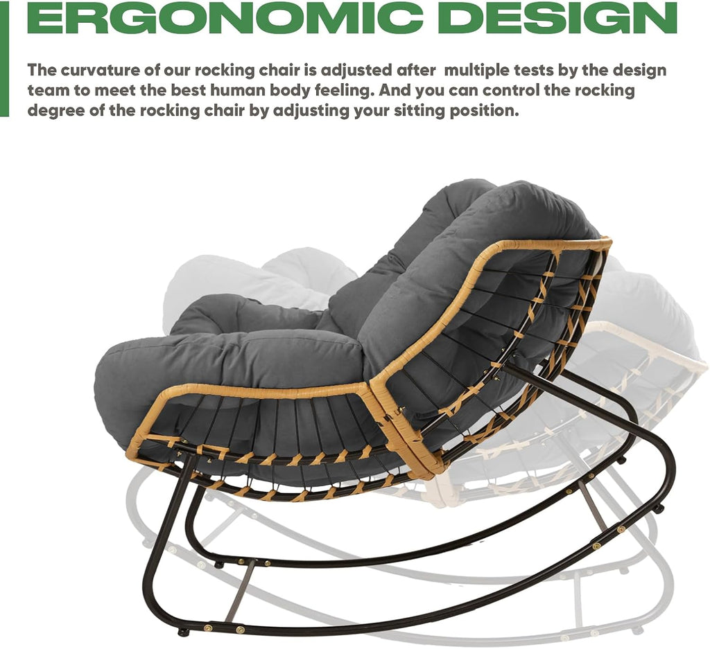 Papasan Chair with Cushion, Oversized Outdoor Rocking Chair, Patio Egg Chair Outdoor, Wicker Modern Cozy Comfy Chair for Bedroom, Living Room, Garden, Balcony, Lawn, Dark Grey