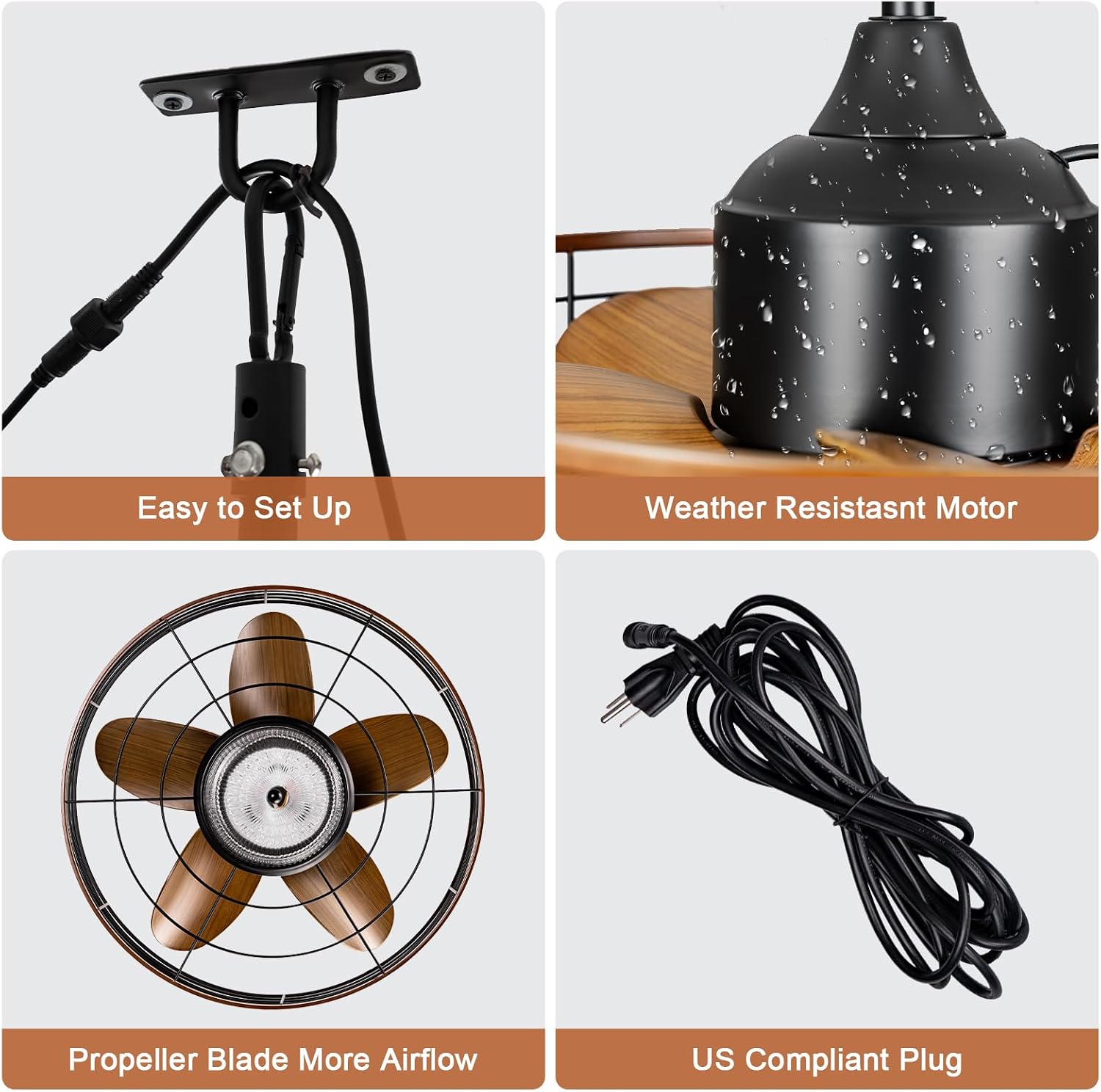 20' Outdoor Ceiling Fan with Light for Patios Waterproof Caged Gazebo Fans Outdoor Hanging Lighting with Plug-in Cord, Dimmable LED, Remote APP Control, 6 Speeds for Pergola Porch Gazebo (Brown)