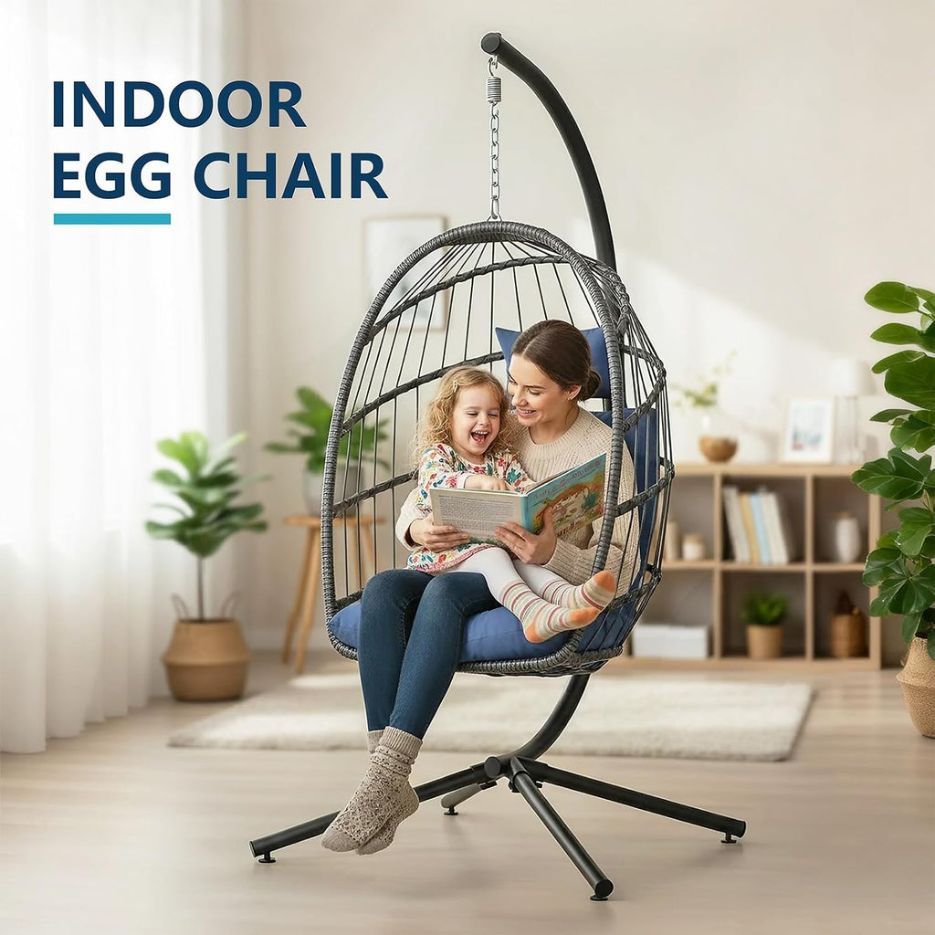 LEYCAY Hanging Egg Chair with Stand, Outdoor Indoor Swing Egg Chair with Cushion, Wicker Hammock for Patio, Bedroom 350 LBS Capacity-Dark Blue