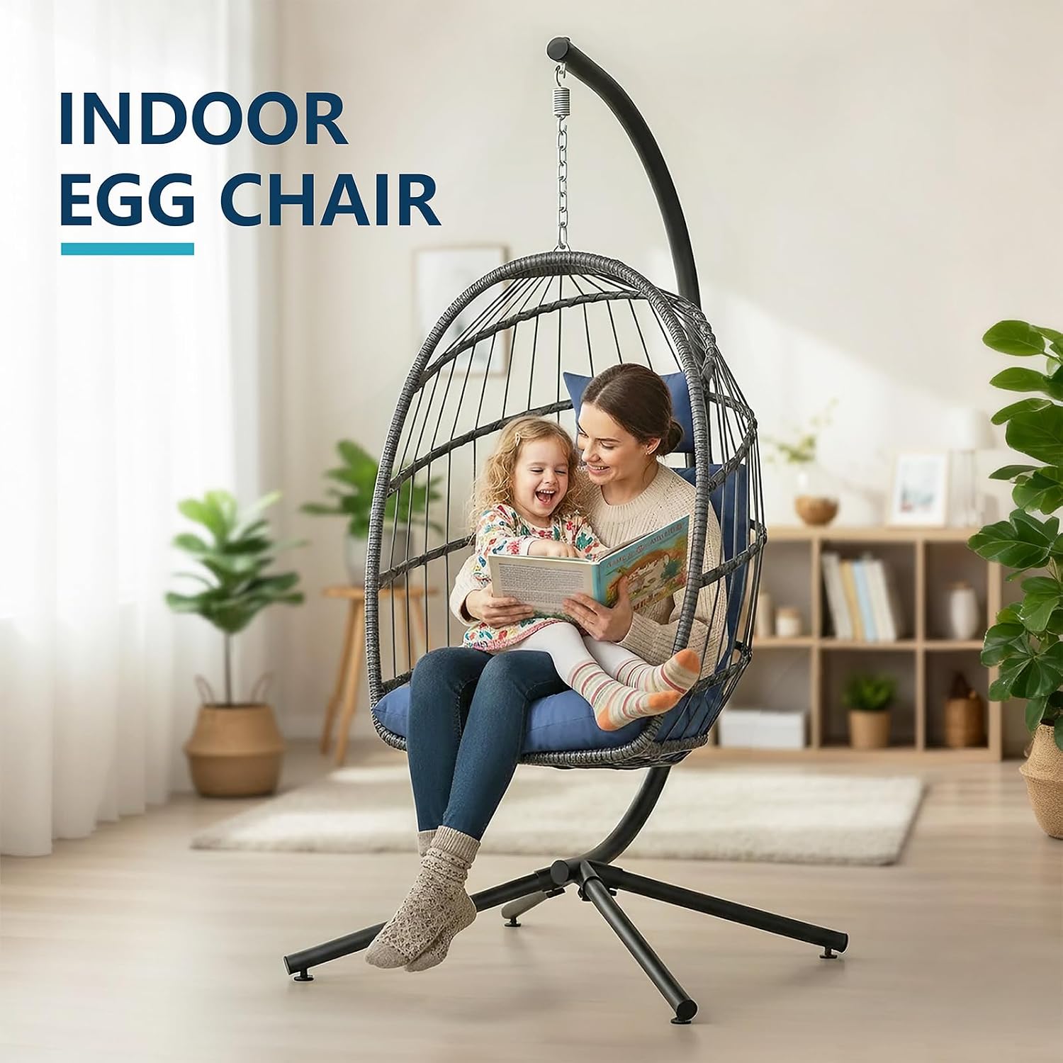LEYCAY Hanging Egg Chair with Stand, Outdoor Indoor Swing Egg Chair with Cushion, Wicker Hammock for Patio, Bedroom 350 LBS Capacity-Dark Blue