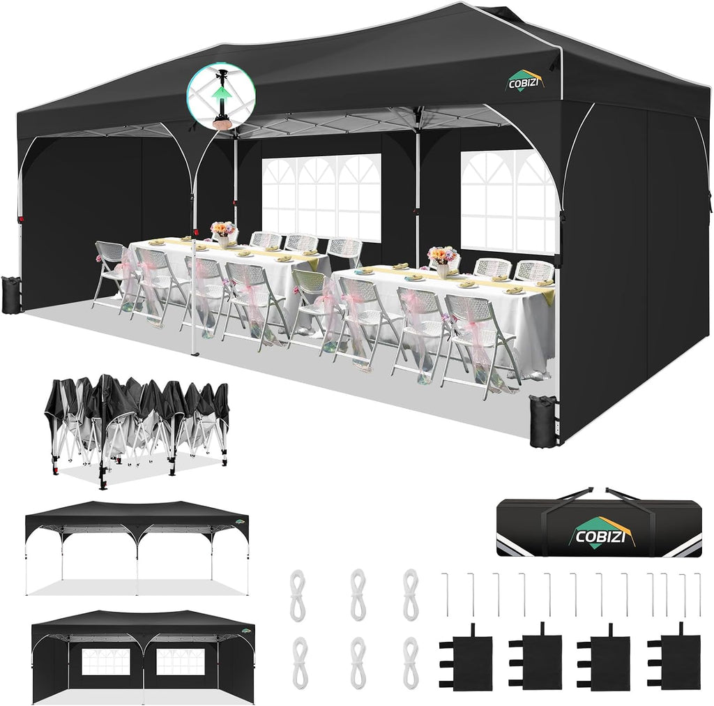 COBIZI 10x20 Pop Up Canopy Tent, Outdoor Party Tent with 4 Sidewalls, 1 Person Easy Set up, Tents for Parties with Fluorescent Strip & 4 Sandbags, Waterproof UPF50+, 3 Adjustable Height, Black