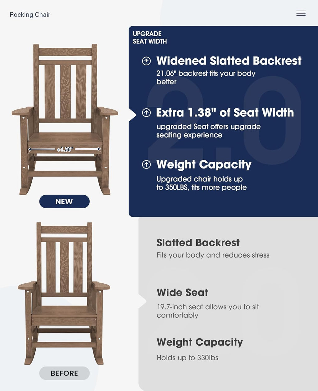 KINGYES Oversized Outdoor Rocking Chair Set of 2, All-Weather Patio Rocking Chairs for Porch, HDPE Outdoor Patio Rockers with High Back & Wide Seat for Garden, Lawn, Brown