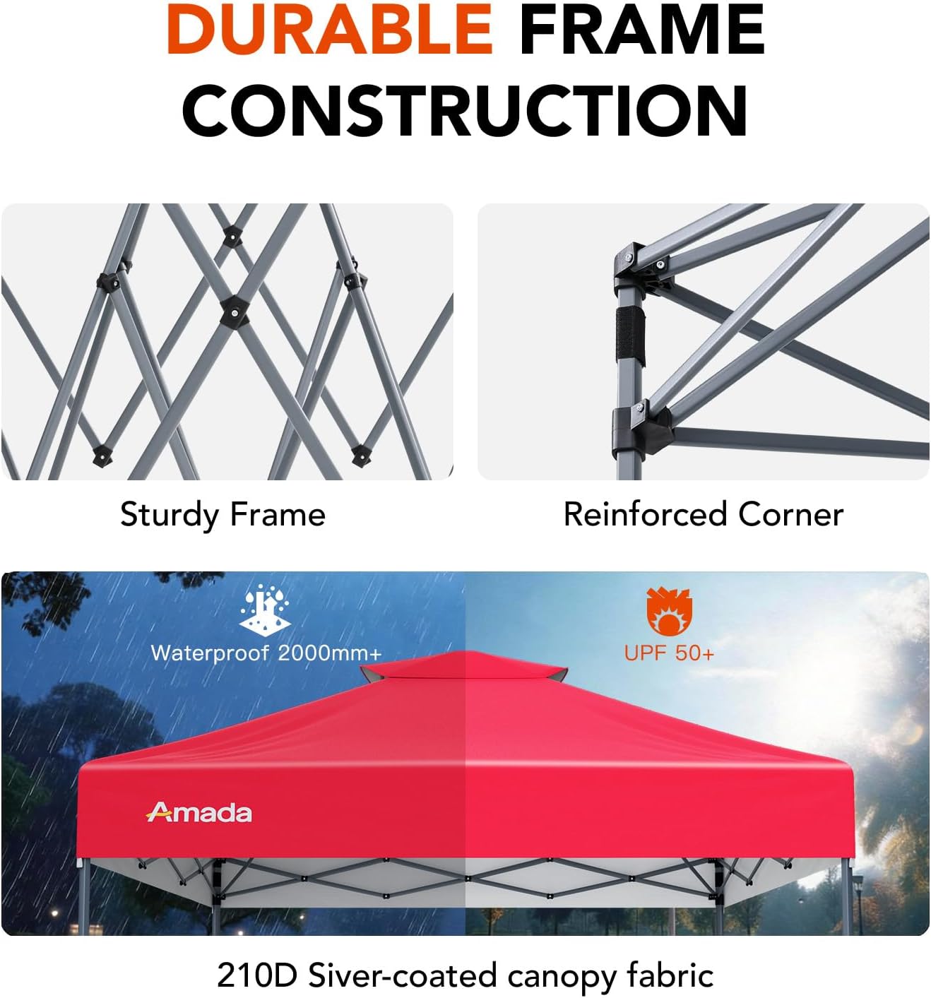 Amada 10x10 Pop Up Canopy - Center Lock One Push Instant Setup Wheeled Gazebo Outdoor Canopy Beach Tent with STO-N-Go Bag 8 Stakes & 4 Sand Bags, 3-Height Adjustable Shade Shelter (10x10ft, Red)