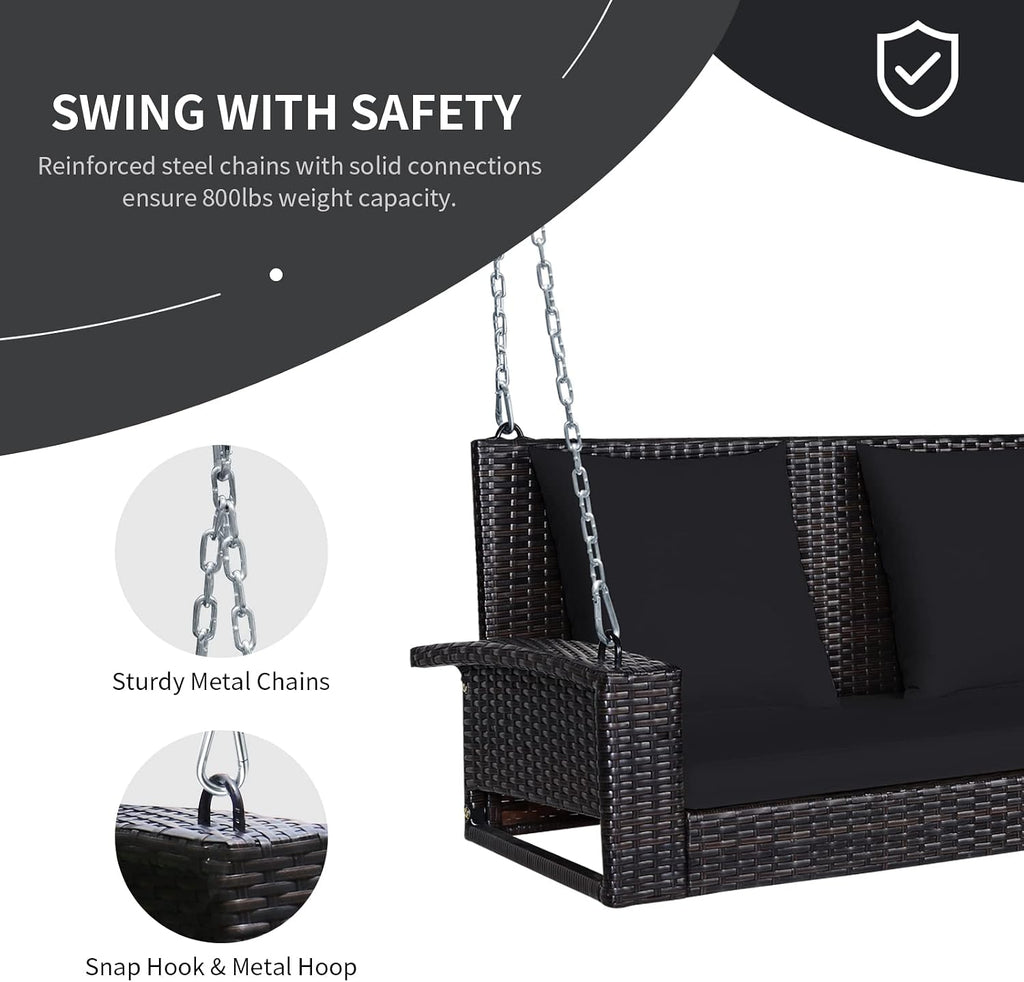 RELAX4LIFE Porch Swing 2-Seat Patio Rattan, Wicker Porch Swings Outdoor W/Two 7.9 Ft Solid Steel Chain, Comfortable Back & Seat Cushions, for Front Porch, Garden, Backyard Patio Swing (Black)