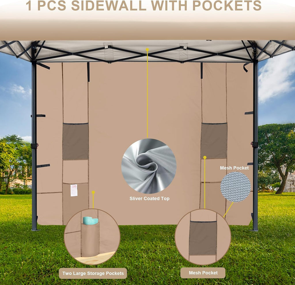 KAMPKEEPER 10x10 Easy Pop Up Canopy Tent with Sidewalls, Instant Outdoor Shade Shelter with Removable 10FT Sun Walls, Quick Setup Waterproof and UV-Resistant for Patio (Khaki, 10x10FT with 1 sidewall)