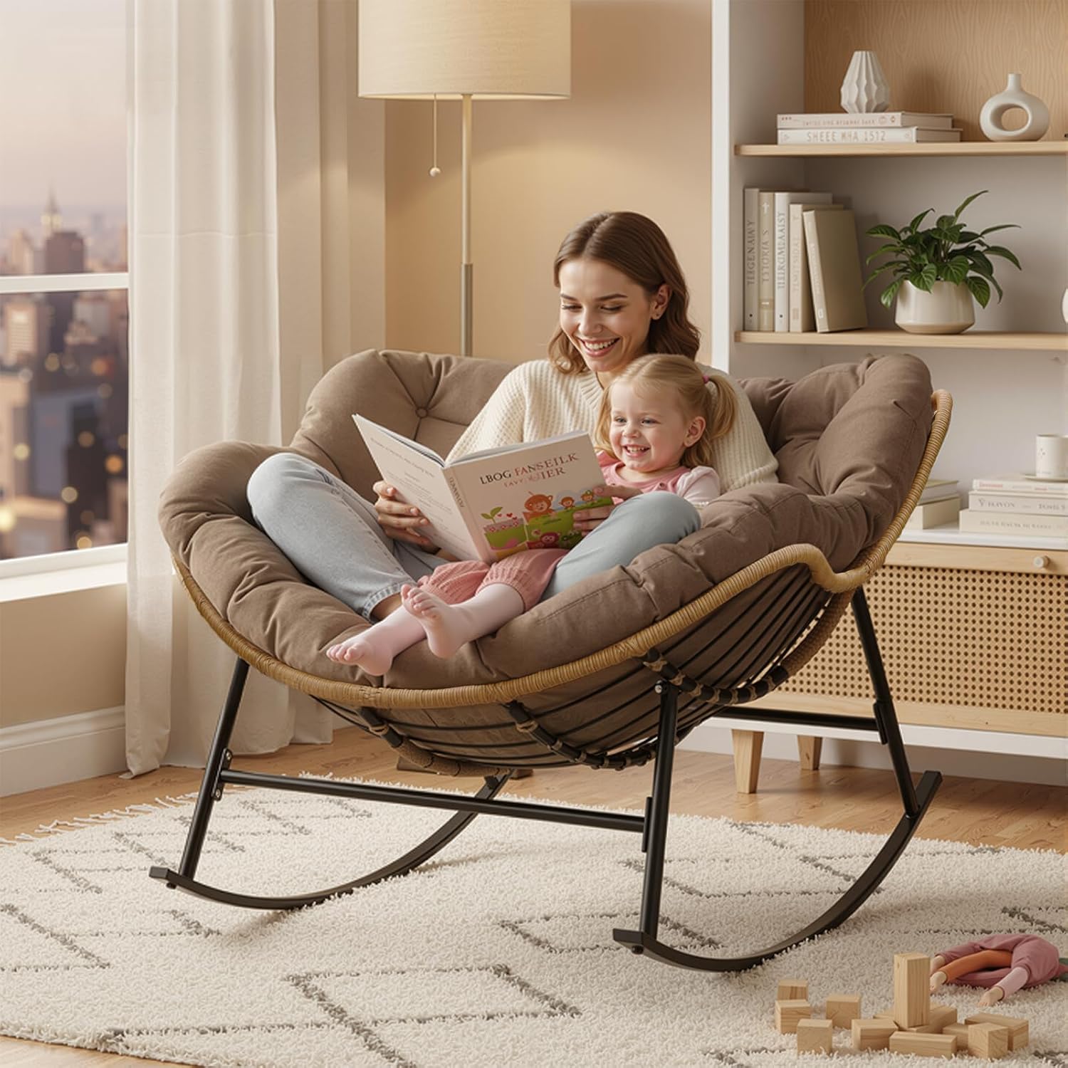FINCATI Papasan Rocking Chair Indoor Outdooor, Oversized Wicker Recliner with Cushion and Frame, 450 lbs Heavy Duty Large Lounge Egg Chairs, Comfy Patio Rocker for Balcony Porch Garden Living Room