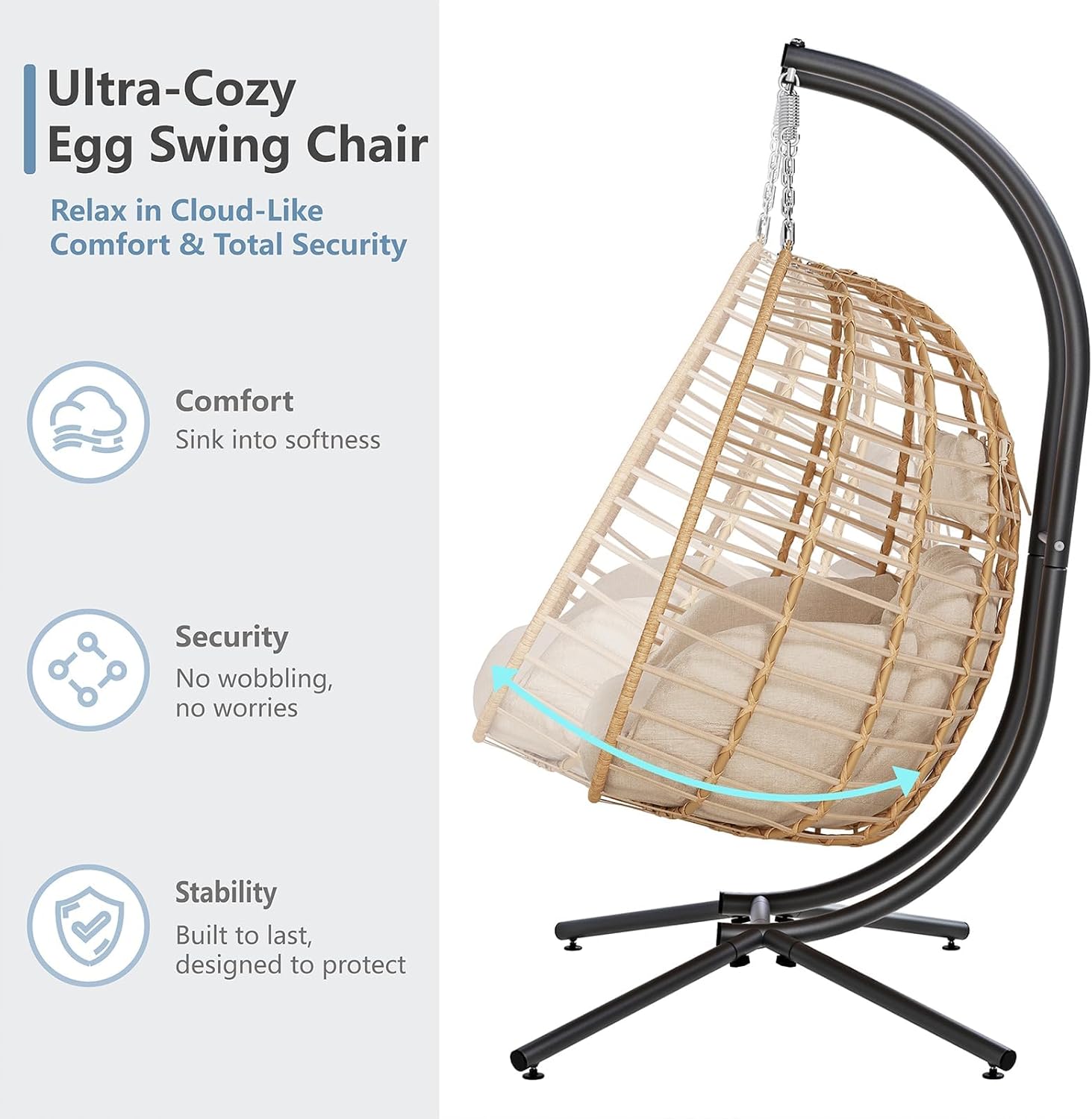 SWITTE Double Hanging Egg Chair with Stand, Outdoor Patio 2 Person Wicker Hammock Swing Chairs with Cushion Loveseat for Indoor Bedroom, Lawn, Garden-Beige