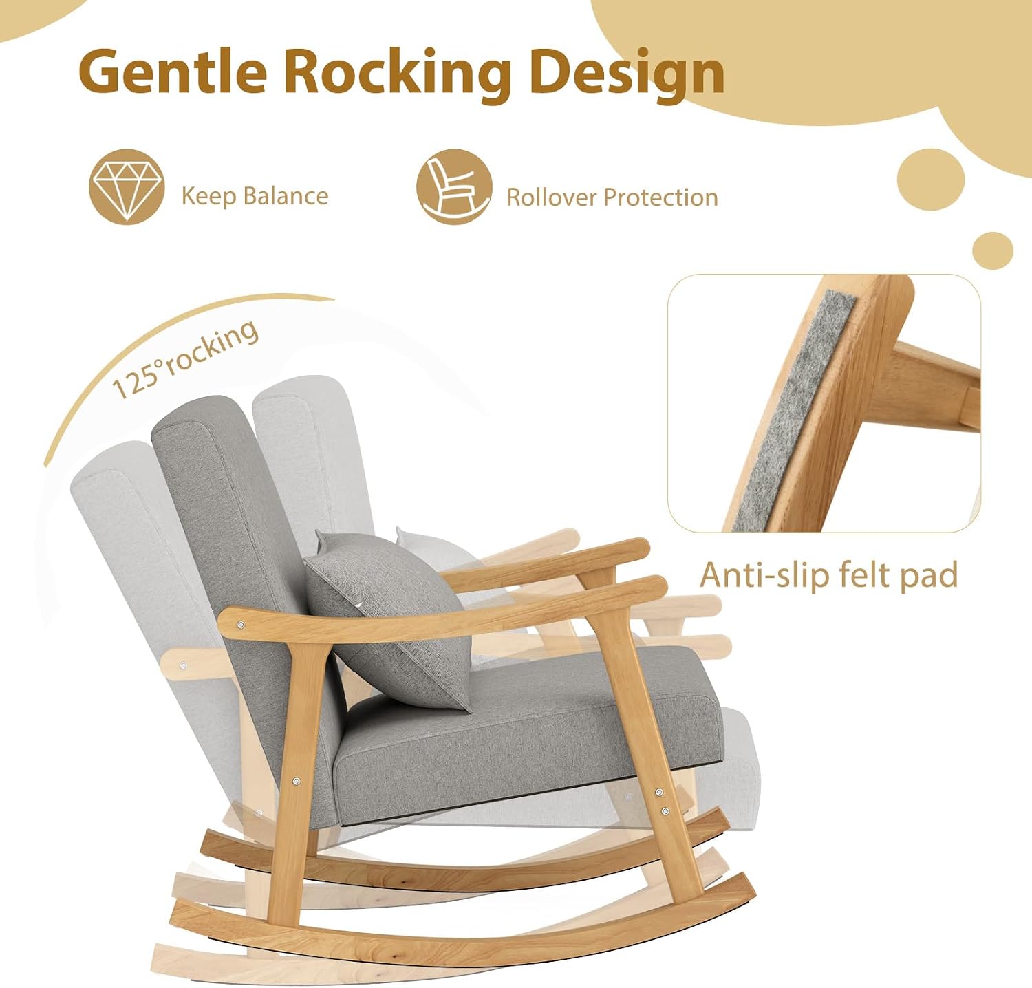 POWERSTONE Nursery Rocking Chair Upholstered Glider Rocker with PP Pillow & Rubber Wood Frame Modern Single Rocking Armchair for Bedroom, Living Room, Balcony, Offices, Nursery Grey