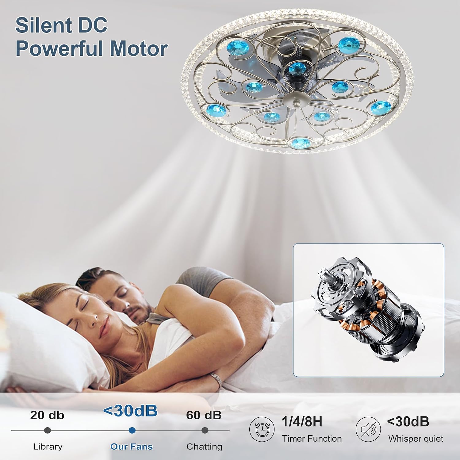 Low Profile Ceiling Fan with Lights 20' Remote Bladeless Ceiling Fan Boho Vintage Flush Mount Ceiling Fans with Light 3 Color Smart LED Dimmable,Handmade Antique Vintage Blue Crystal