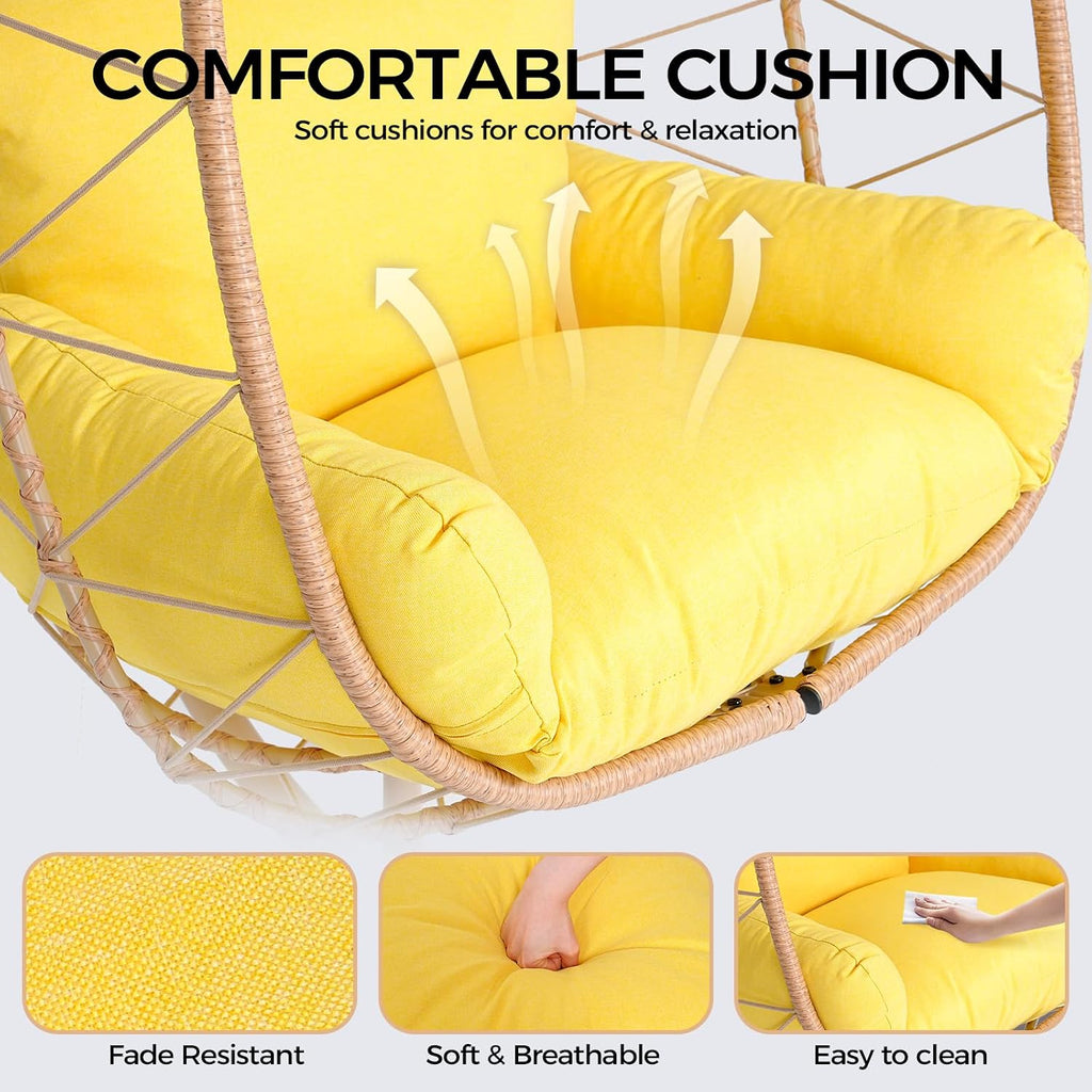 Egg Chair with Stand, Wicker Hanging Chair for Outdoor Patio, Cushioned Hammock Swing for Bedroom Garden Indoor/Outdoor, Double-Zipper Structure Hanging Egg Chair (Yellow and Yellow)