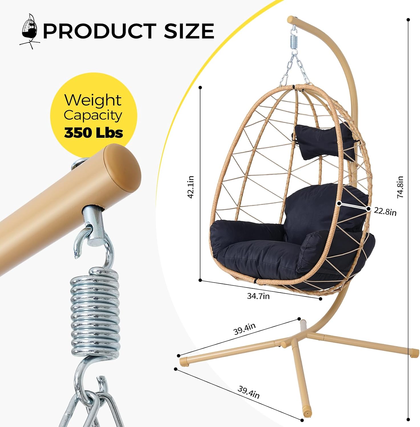 Egg Chair with Stand, Wicker Hanging Chair for Outdoor Patio, Cushioned Hammock Swing for Bedroom Garden Indoor/Outdoor, Double-Zipper Structure Hanging Egg Chair (Yellow Frame and Black)