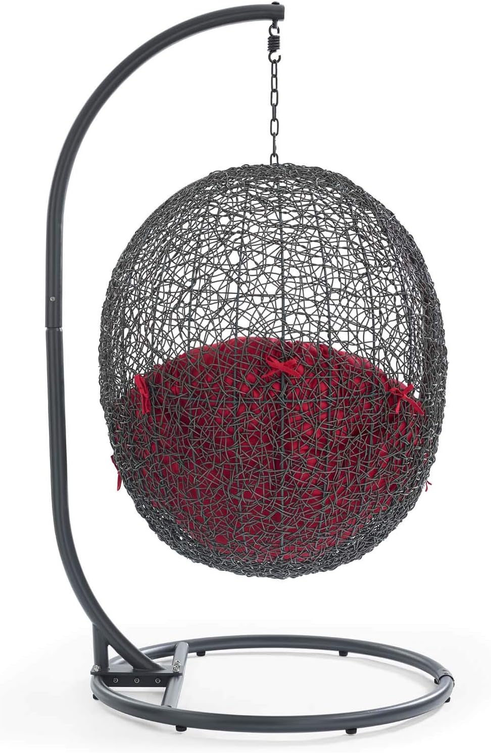 Modway Hide Wicker Rattan Outdoor Patio Porch Lounge Egg Swing Chair Set with Stand in Gray Red