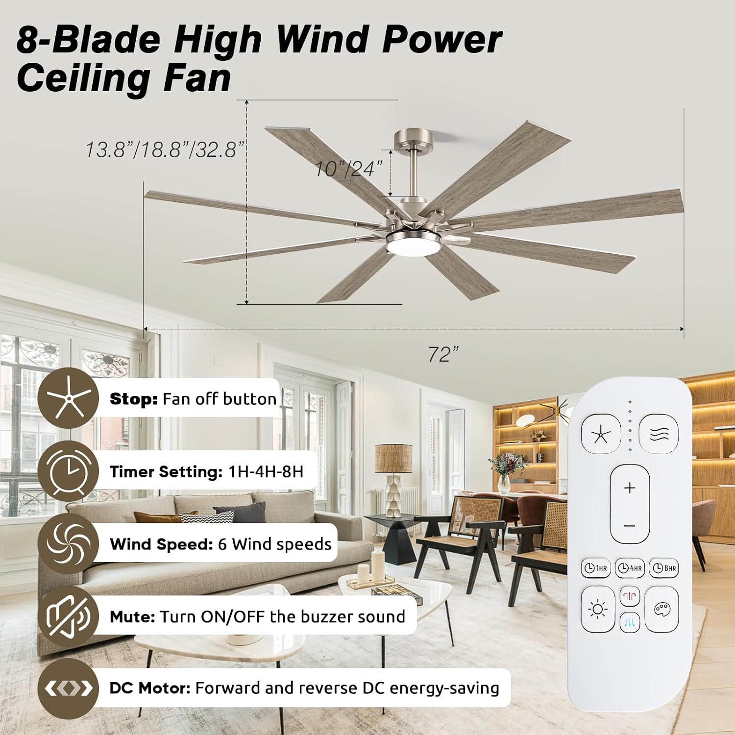 72 Inch Outdoor Ceiling Fan for Patio with Lights, Large Silver Industrial DC Motor Ceiling Fan with Light, Damp Rated Indoor or Covered Outdoor Ceiling Fans for Living Room Sunroom Porch Patio
