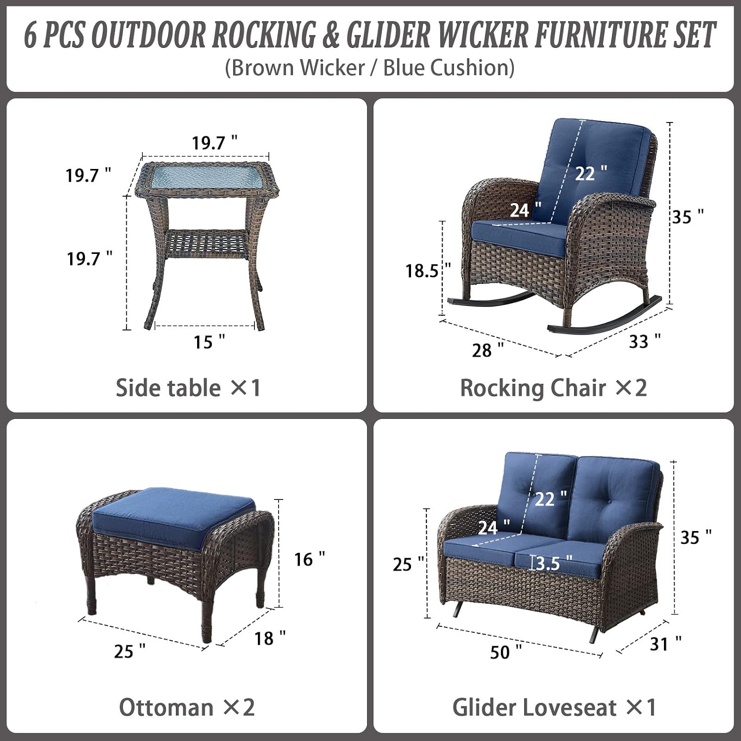 Belord 6 Pieces Outdoor Patio Furniture Set with Wicker Rocking Chairs, Rattan Patio Conversation Set with Glider Loveseat Ottomans and Side Table Brown/Blue