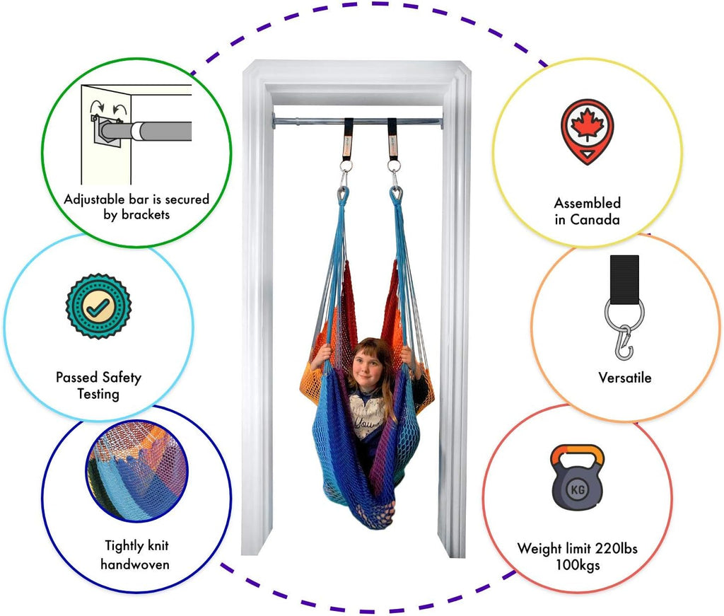 DreamGYM Doorway Hammock Swing - Hammock Chair with Stand in Door Frame- Sensory Swing for Adults and Children - Rainbow