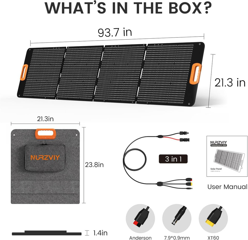 Portable Solar Panel 200 Watt Foldable 200W Solar Cell Solar Charger for Power Station, Waterproof w/Adjustable Kickstand XT60 Anderson DC 8mm Connector for Camping, Off Grid Living