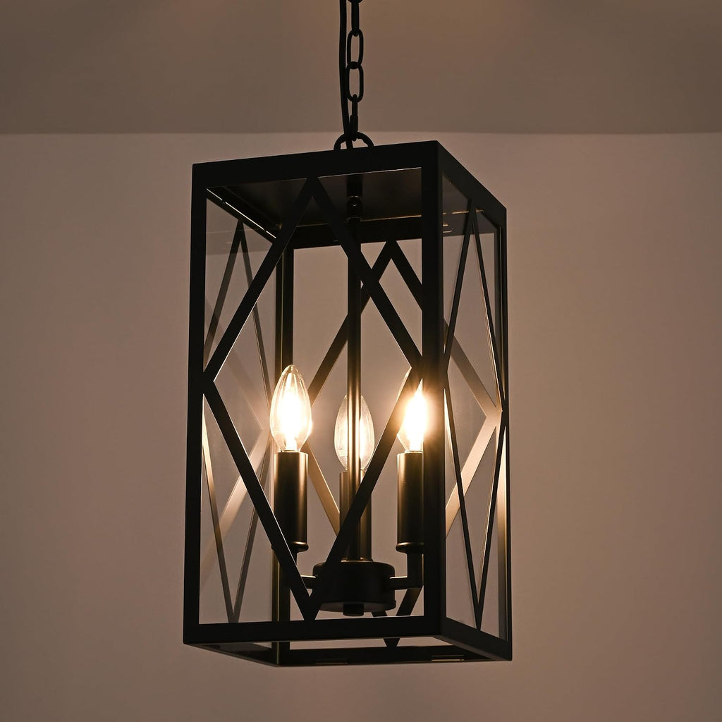 3 Light Black Outdoor Pendant Light Outside Chandelier Lantern, Modern Waterproof Exterior Hanging Light Fixture Ceiling for Front Porch Entryway Yard Patio (Bulb NOT Included)
