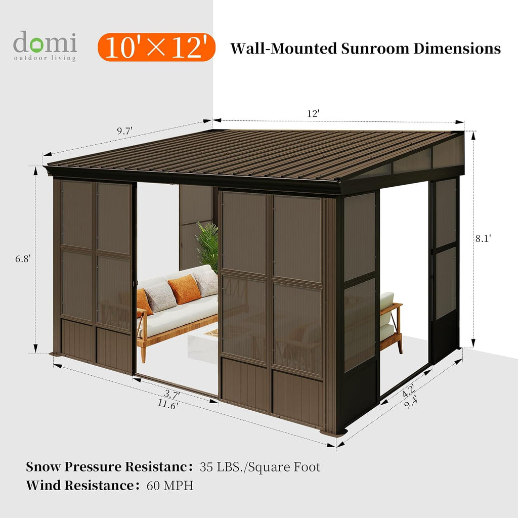 Domi 10x12FT Sunroom, Wall Mounted Sunroom Kit with Galvanized Steel Sloping Roof, Outdoor Sunroom Gazebo with Detachable PC Screen, 3 Sliding Double Doors, Lean to Sun Room for Patio, Deck
