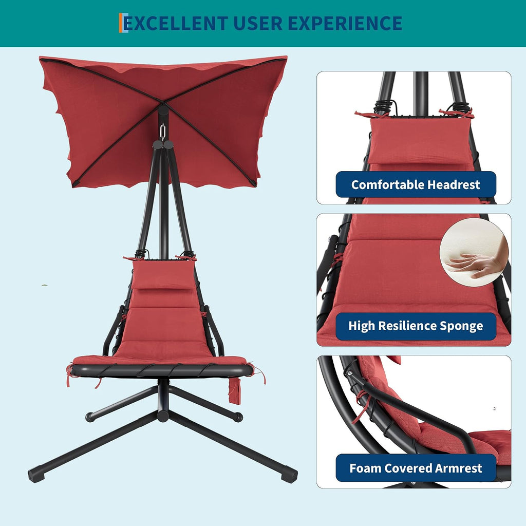 Hanging Chaise Lounge Swing Chair, Hanging Curved Chaise Lounge Chair Umbrella, Curved Steel Hammock Lounger Chairs for Outdoor Indoor Patio Pool Garden Backyard Porch