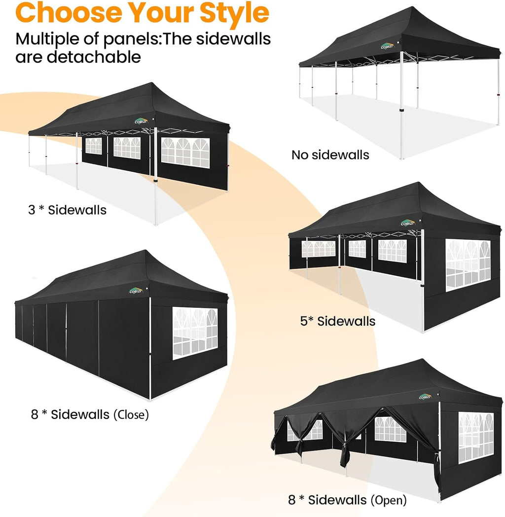 COBIZI 10x30 Pop up Canopy with 8 Removable Sidewalls & 4 Sandbags, Party Tent for Parties, Wedding, and Commercials, Waterproof and Instant Shelter UV50+ Ez Outdoor Canopy Tent with Roller Bag