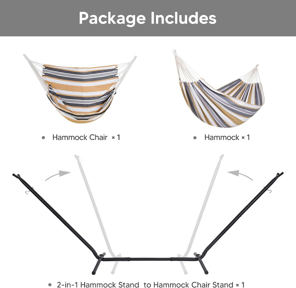 SUNCREAT 2-in-1 Convertible Backyard Fabric Hammock with Stand, Large Hammocks for Outside, Coffee & White