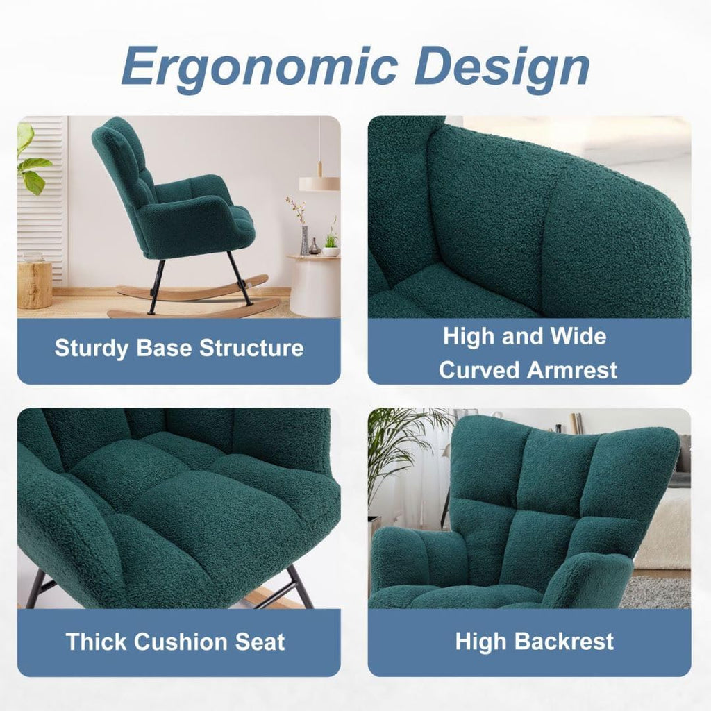 Nursery Rocking Chair, Boho Accent Ottoman, Teddy Upholstered Glider Rocker Accent Chair with High Backrest for Living Room, Small Spaces, Bedroom, Green